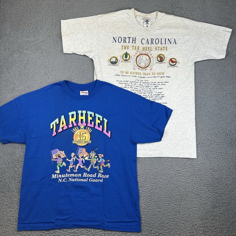 Lot of 2 Vtg 90s NC T-Shirts Tarheel Minuteman Road Race / Vacations Men's Large